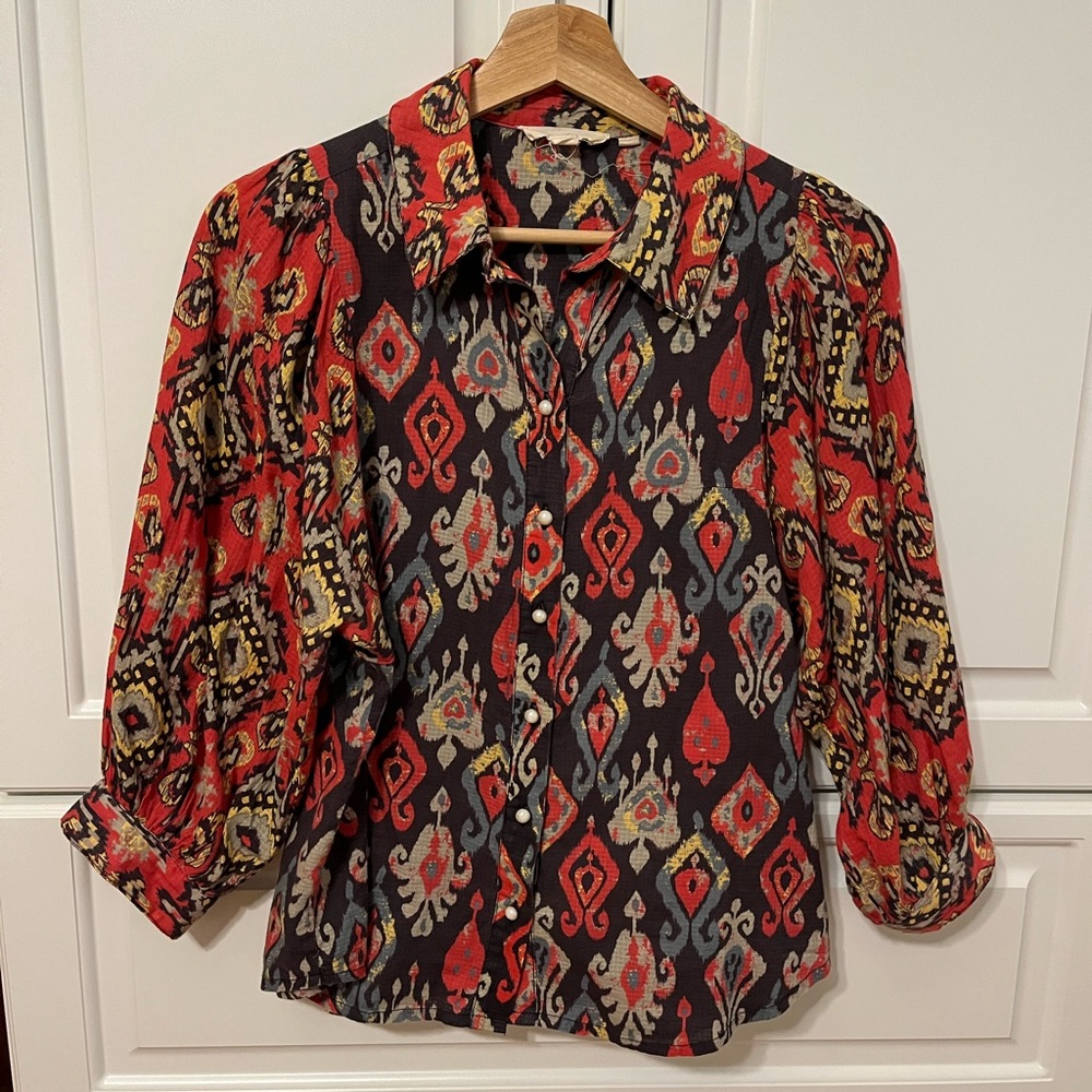 Anthropologie Red and Black Patterned Blouse